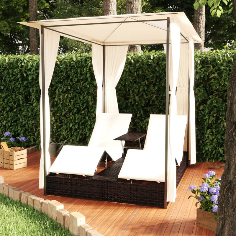 Ligbed Tweepersoons Met Gordijnen Poly Rattan