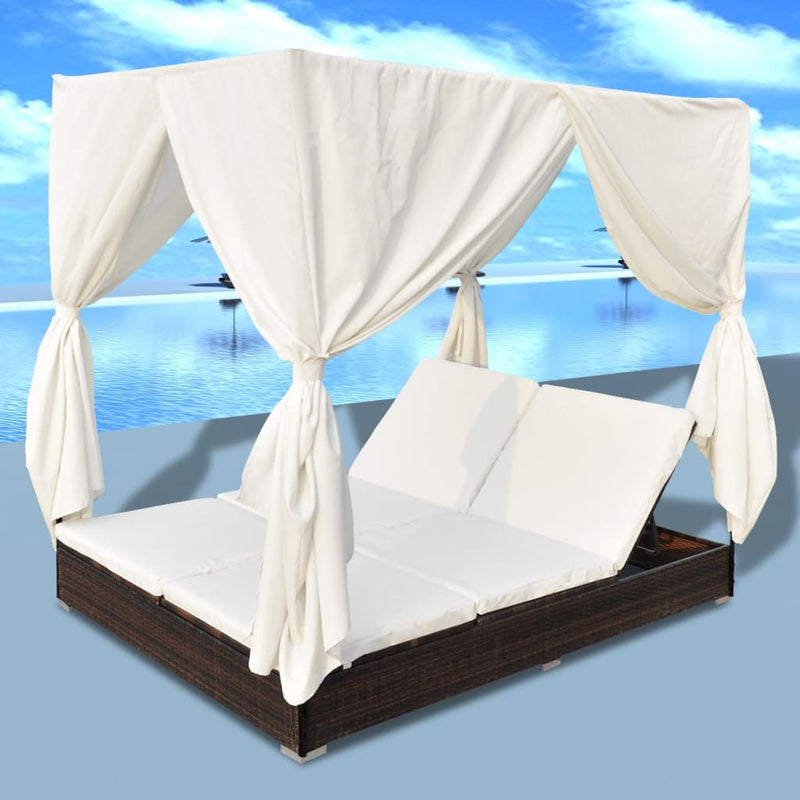 Loungebed Met Gordijnen Poly Rattan