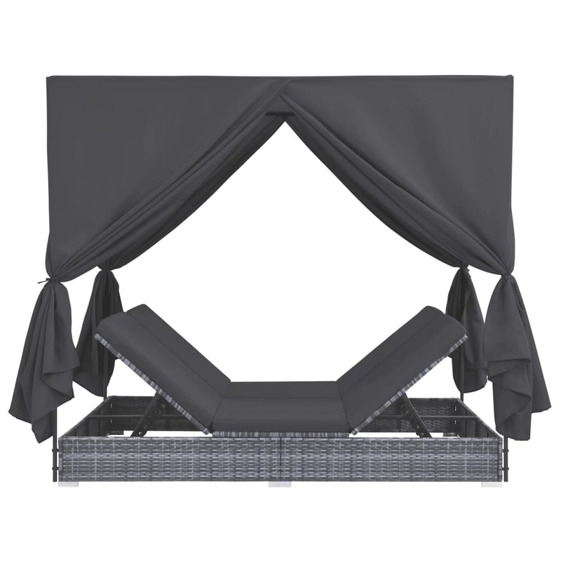 Loungebed Met Gordijnen Poly Rattan Grijs