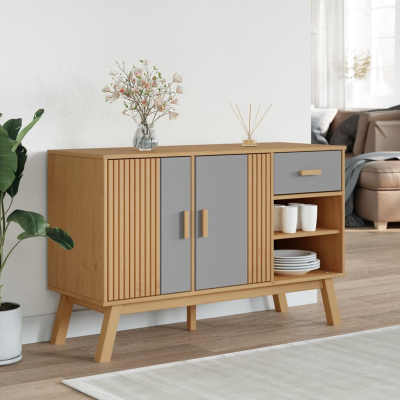 Dressoir Olden 114X43X73,5 Cm Massief Grenenhout Grijs En Bruin Zwarte Strepen