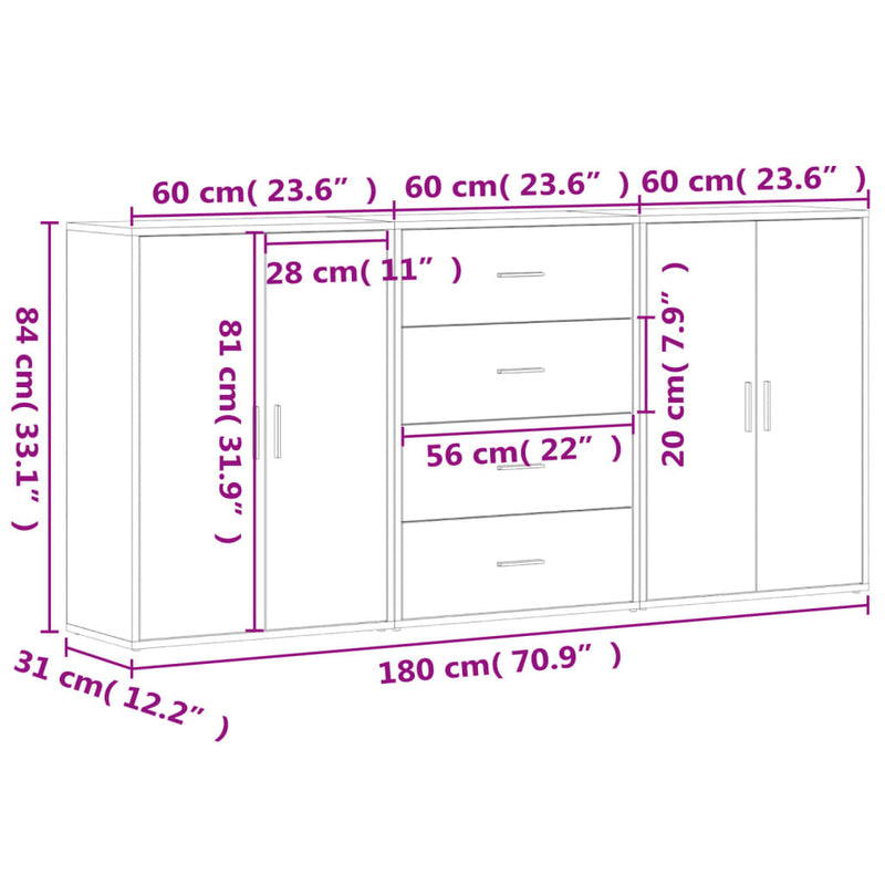 Dressoirs 3 St 60X31X84 Cm Bewerkt Hout Wit