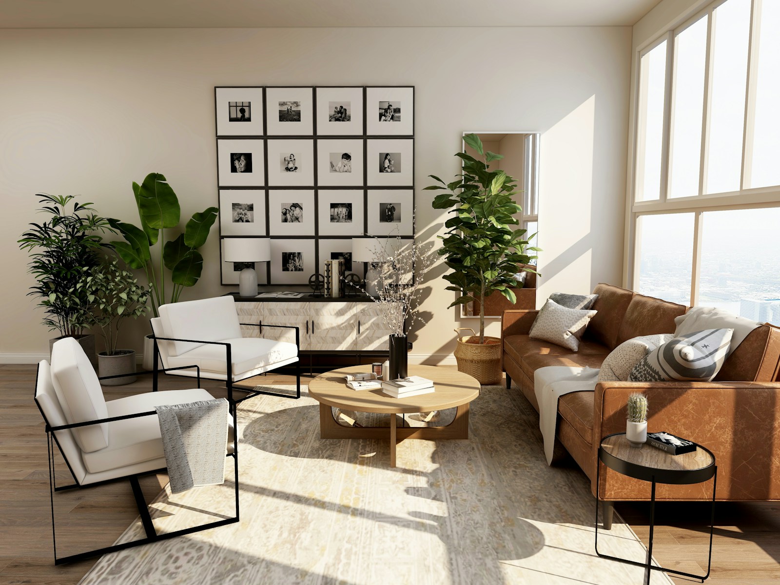 Inspiratie: een warme woonkamer met een leren bank, planten en natuurlijke materialen